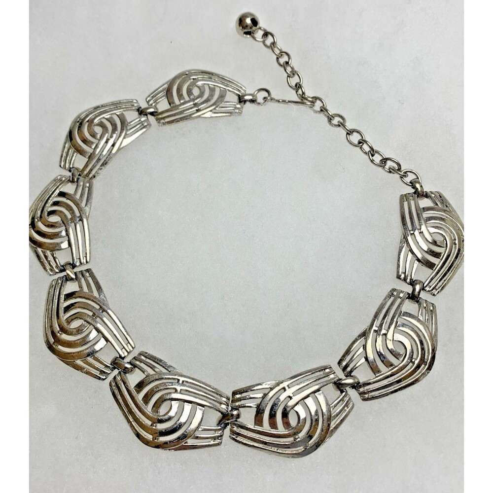 Vintage Silver Tone Abstract Link Necklace Modernist Geometric Statement Retro